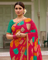 Vishal Prints Tomato Pink Printed Chiffon Saree With Zari Border