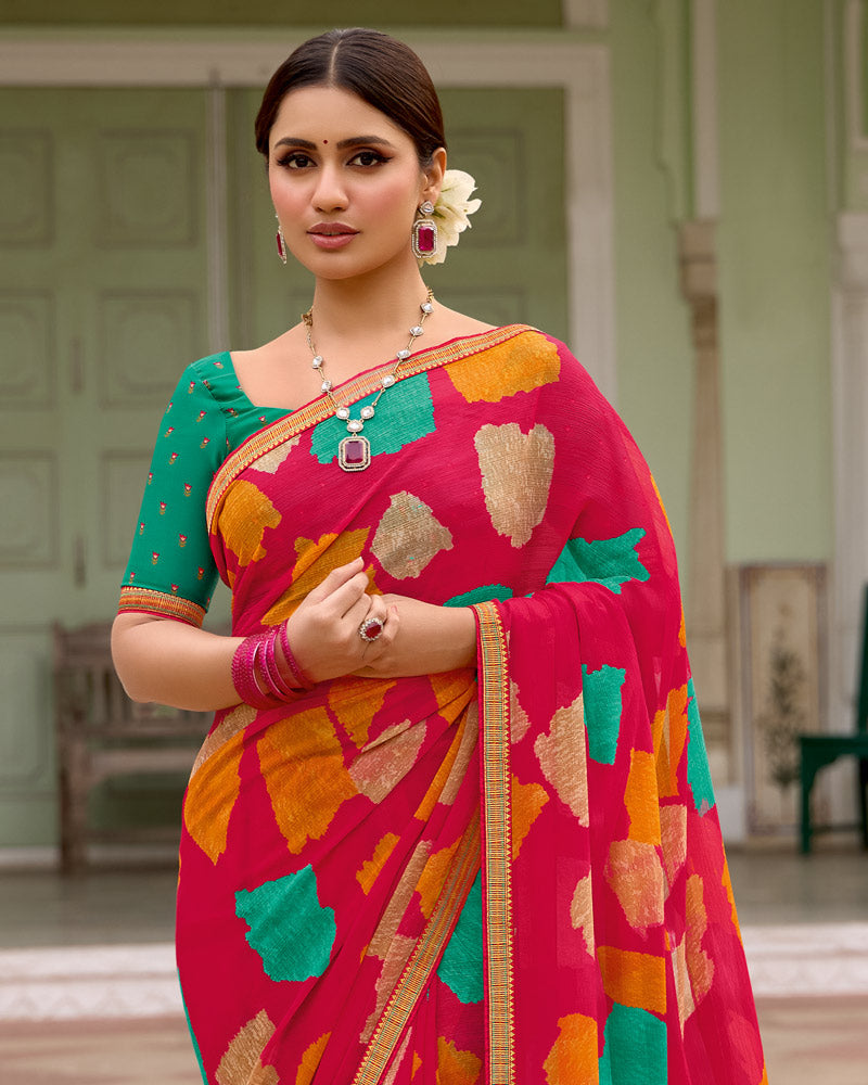 Vishal Prints Tomato Pink Printed Chiffon Saree With Zari Border