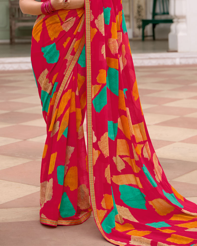 Vishal Prints Tomato Pink Printed Chiffon Saree With Zari Border