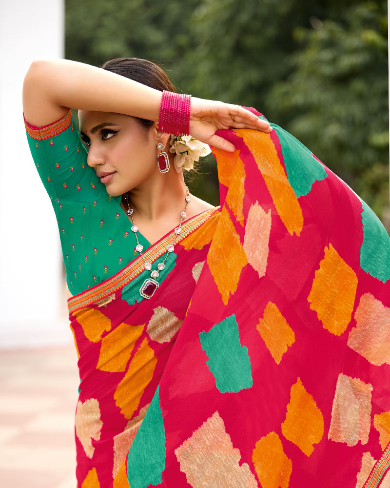 Vishal Prints Tomato Pink Printed Chiffon Saree With Zari Border