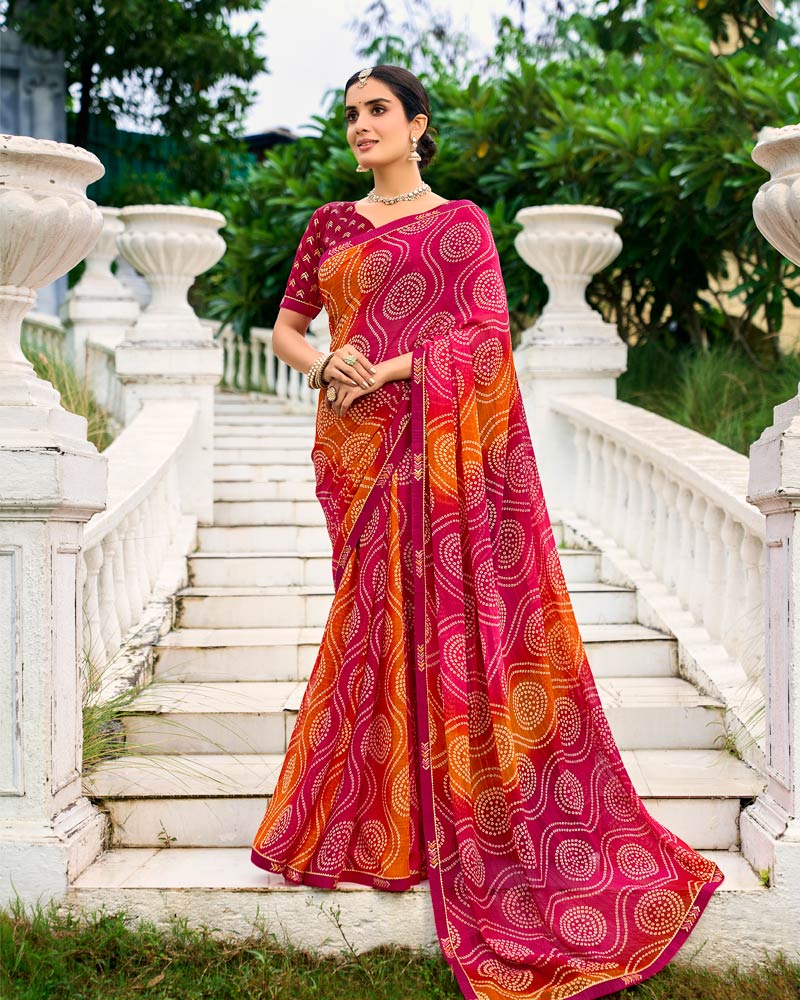 Vishal Prints Raspberry Pink And Burnt Orange Printed Chiffon Saree With Fancy Border