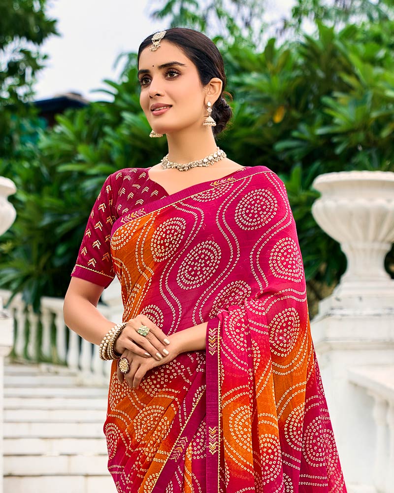 Vishal Prints Raspberry Pink And Burnt Orange Printed Chiffon Saree With Fancy Border