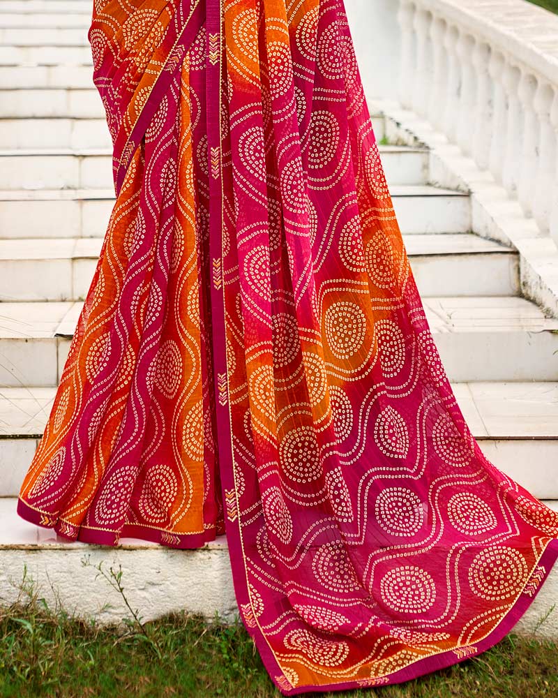 Vishal Prints Raspberry Pink And Burnt Orange Printed Chiffon Saree With Fancy Border