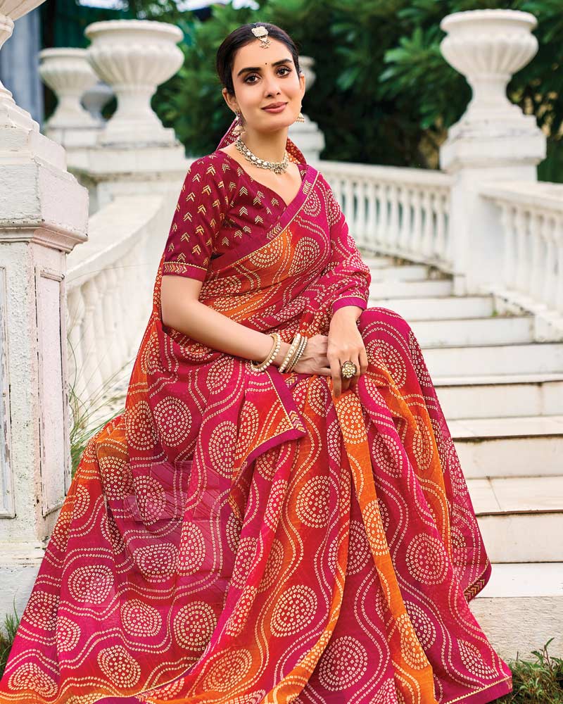 Vishal Prints Raspberry Pink And Burnt Orange Printed Chiffon Saree With Fancy Border