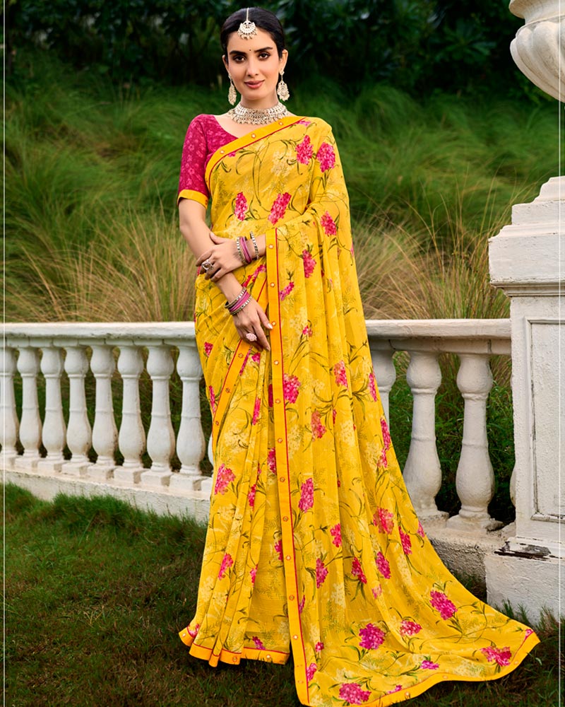 Vishal Prints Golden Yellow Printed Chiffon Saree With Fancy Border