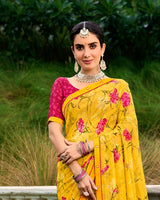 Vishal Prints Golden Yellow Printed Chiffon Saree With Fancy Border
