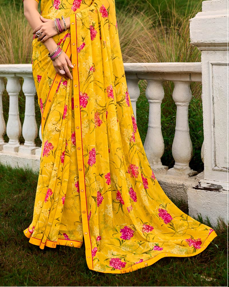 Vishal Prints Golden Yellow Printed Chiffon Saree With Fancy Border
