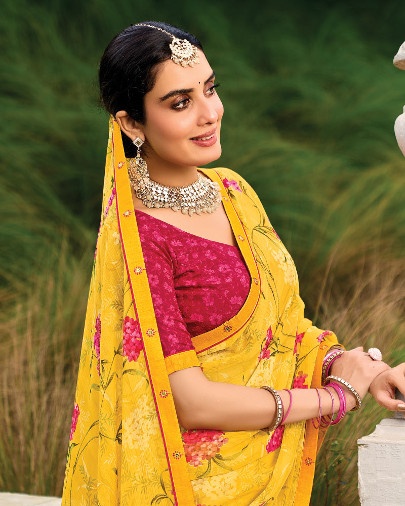 Vishal Prints Golden Yellow Printed Chiffon Saree With Fancy Border
