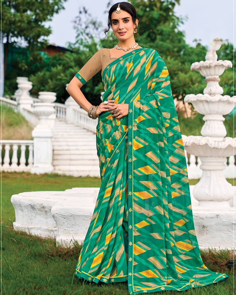 Vishal Prints Emerald Green Printed Chiffon Saree With Fancy Border