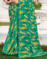 Vishal Prints Emerald Green Printed Chiffon Saree With Fancy Border