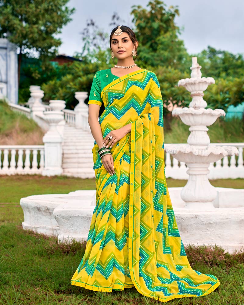 Vishal Prints Golden Yellow And Jade Green Printed Chiffon Saree With Fancy Border