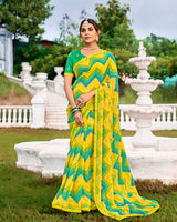 Vishal Prints Golden Yellow And Jade Green Printed Chiffon Saree With Fancy Border