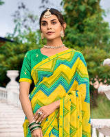 Vishal Prints Golden Yellow And Jade Green Printed Chiffon Saree With Fancy Border