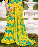 Vishal Prints Golden Yellow And Jade Green Printed Chiffon Saree With Fancy Border