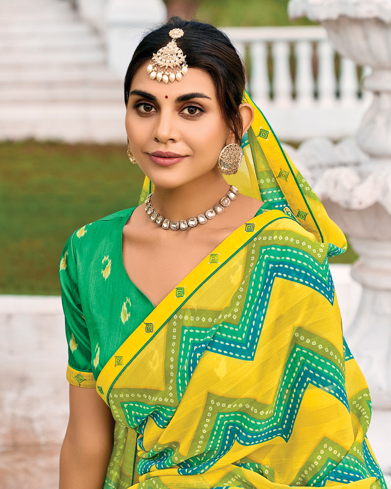 Vishal Prints Golden Yellow And Jade Green Printed Chiffon Saree With Fancy Border