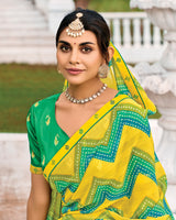 Vishal Prints Golden Yellow And Jade Green Printed Chiffon Saree With Fancy Border
