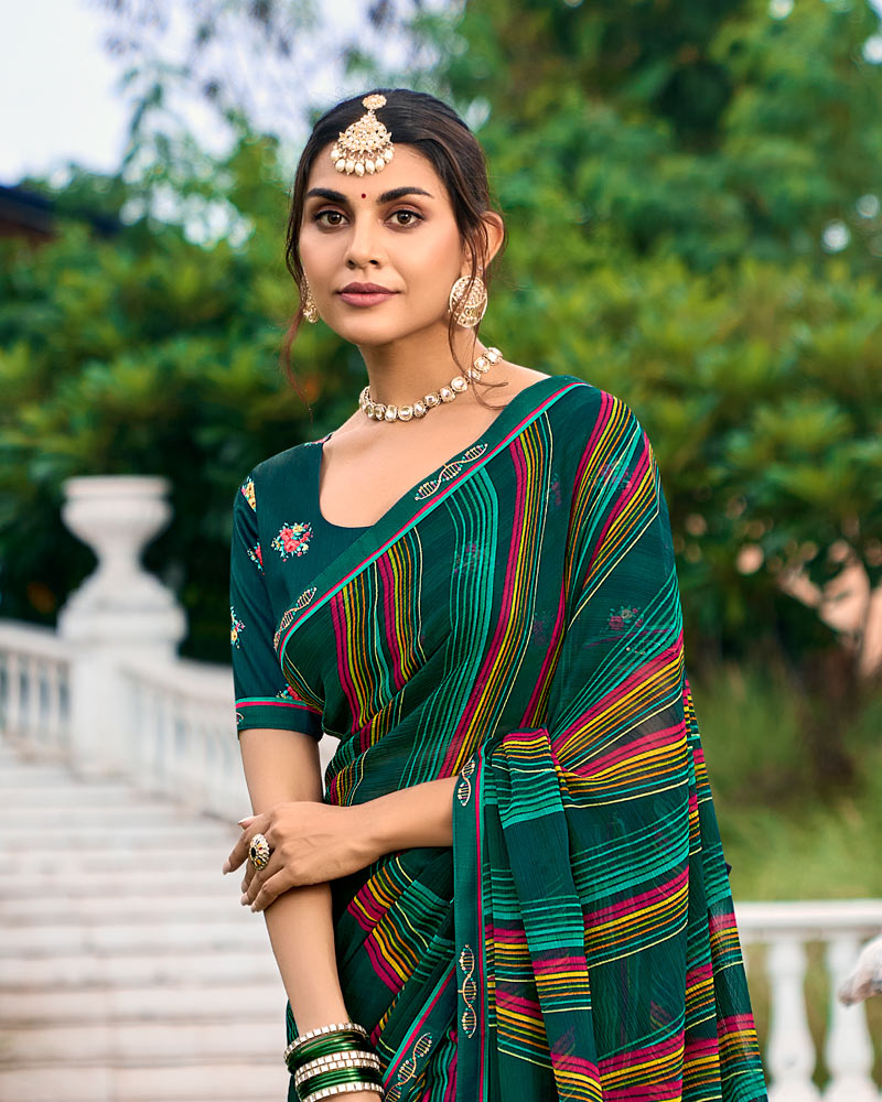 Vishal Prints Sherwood Green Printed Chiffon Saree With Fancy Border