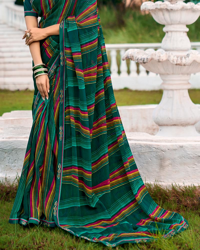 Vishal Prints Sherwood Green Printed Chiffon Saree With Fancy Border