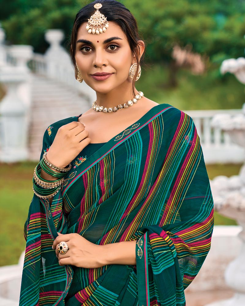 Vishal Prints Sherwood Green Printed Chiffon Saree With Fancy Border