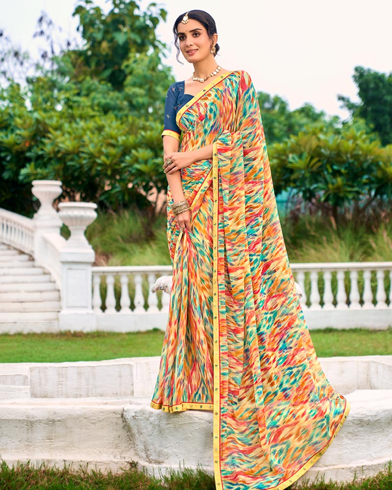 Vishal Prints Peachy Yellow And Multicolor Printed Chiffon Saree With Fancy Border