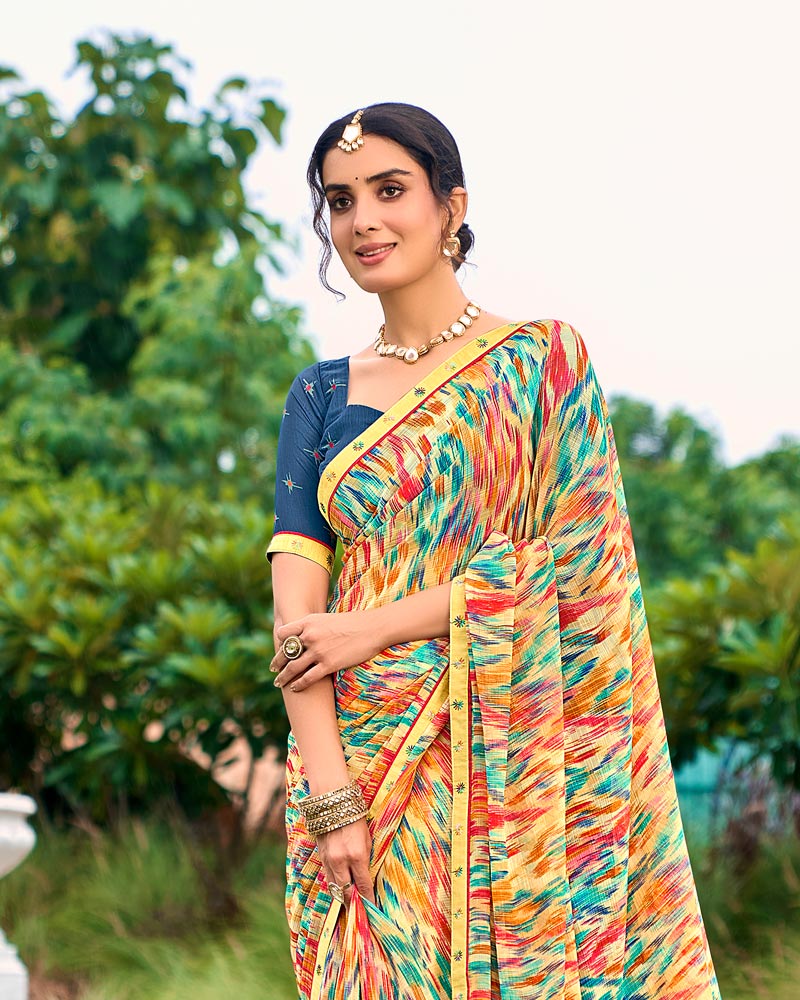 Vishal Prints Peachy Yellow And Multicolor Printed Chiffon Saree With Fancy Border