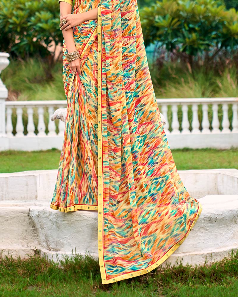 Vishal Prints Peachy Yellow And Multicolor Printed Chiffon Saree With Fancy Border