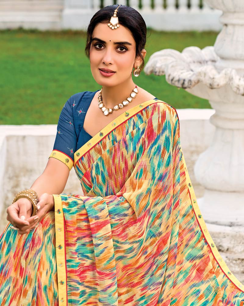Vishal Prints Peachy Yellow And Multicolor Printed Chiffon Saree With Fancy Border