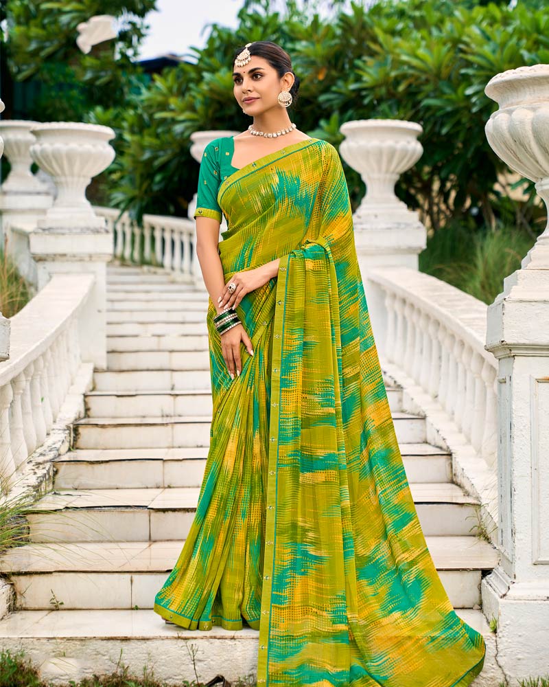 Vishal Prints Olive Yellow Printed Chiffon Saree With Fancy Border