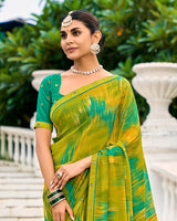 Vishal Prints Olive Yellow Printed Chiffon Saree With Fancy Border