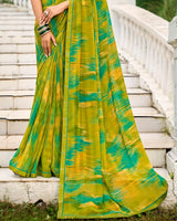 Vishal Prints Olive Yellow Printed Chiffon Saree With Fancy Border