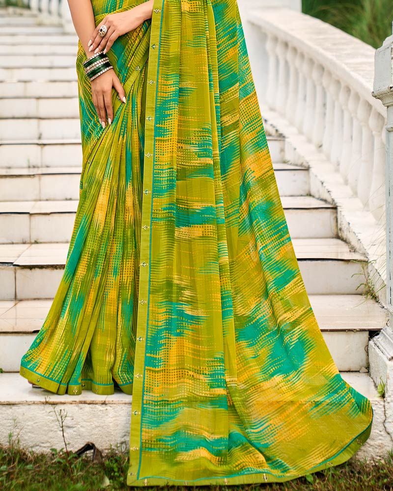 Vishal Prints Olive Yellow Printed Chiffon Saree With Fancy Border
