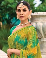 Vishal Prints Olive Yellow Printed Chiffon Saree With Fancy Border