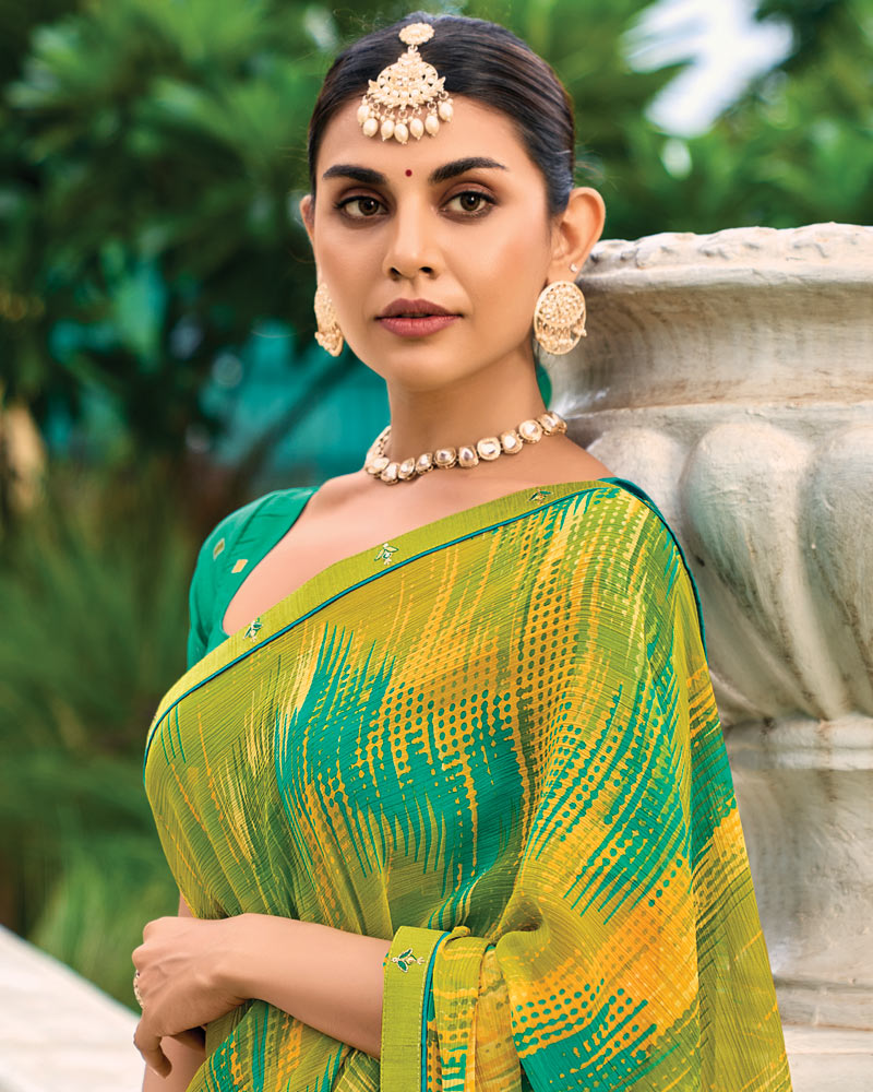 Vishal Prints Olive Yellow Printed Chiffon Saree With Fancy Border