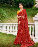 Vishal Prints Brick Red Printed Chiffon Saree With Fancy Border
