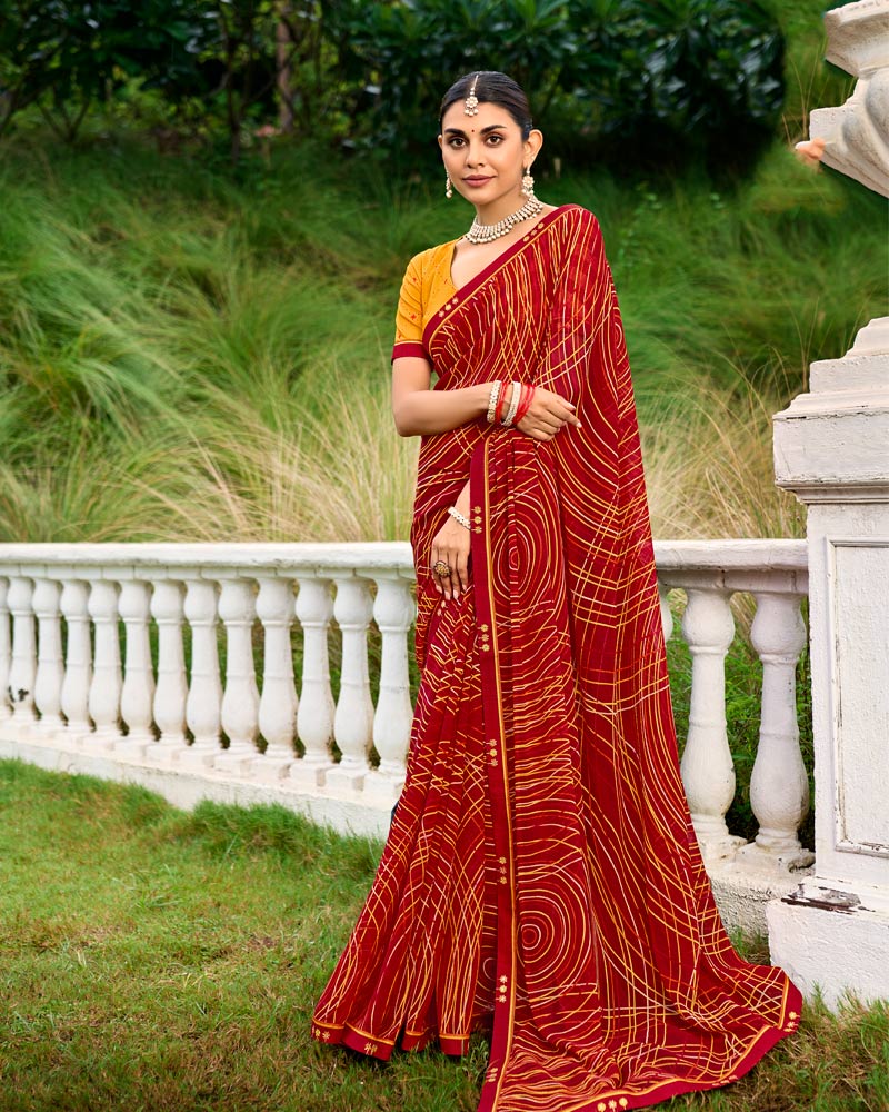 Vishal Prints Brick Red Printed Chiffon Saree With Fancy Border