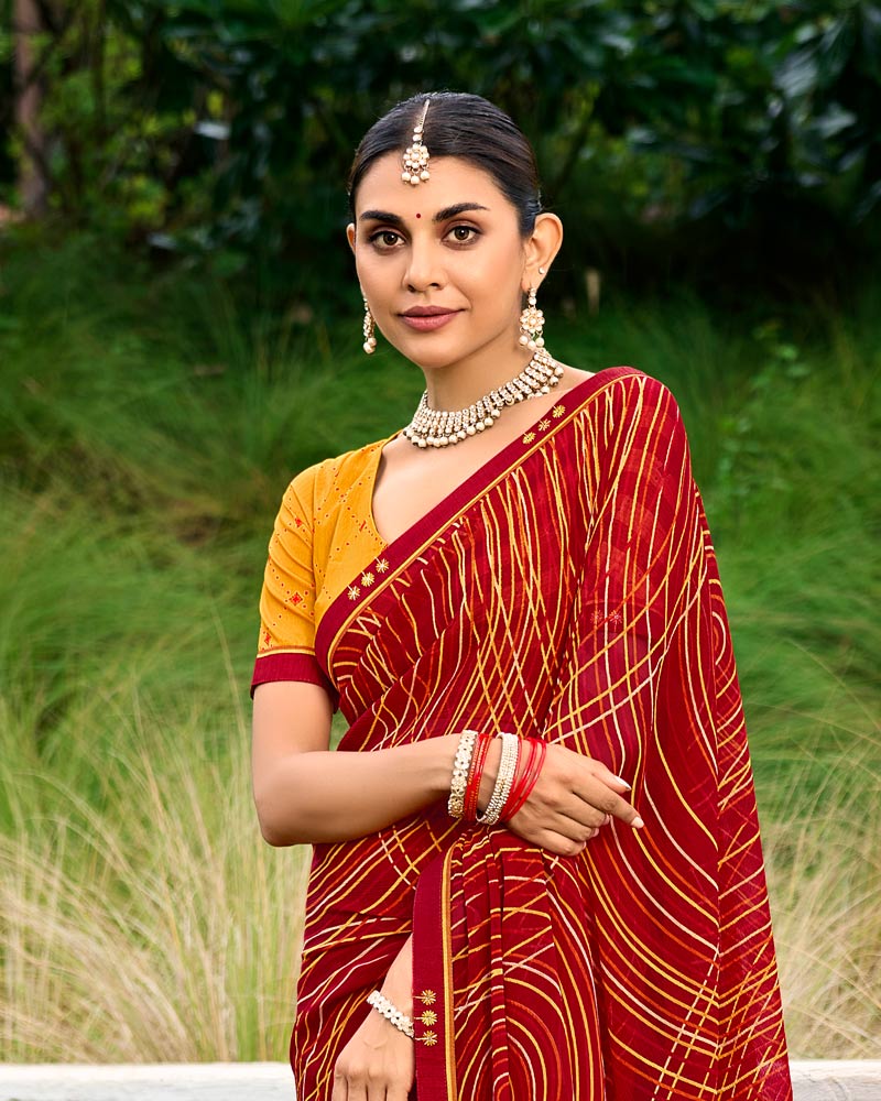 Vishal Prints Brick Red Printed Chiffon Saree With Fancy Border