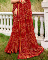 Vishal Prints Brick Red Printed Chiffon Saree With Fancy Border