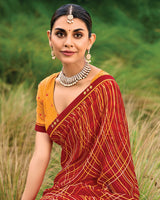 Vishal Prints Brick Red Printed Chiffon Saree With Fancy Border