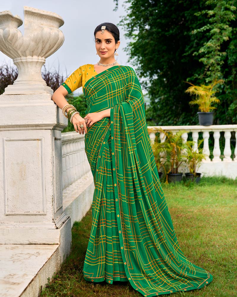 Vishal Prints Dark Spring Green Printed Chiffon Saree With Fancy Border