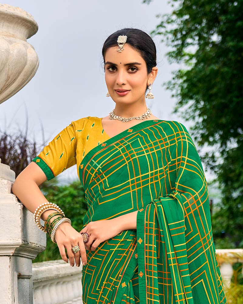 Vishal Prints Dark Spring Green Printed Chiffon Saree With Fancy Border