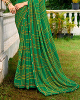 Vishal Prints Dark Spring Green Printed Chiffon Saree With Fancy Border