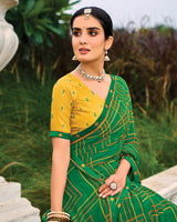 Vishal Prints Dark Spring Green Printed Chiffon Saree With Fancy Border