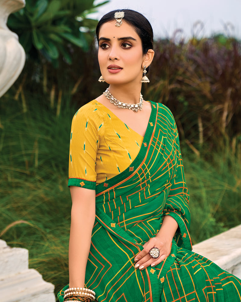 Vishal Prints Dark Spring Green Printed Chiffon Saree With Fancy Border