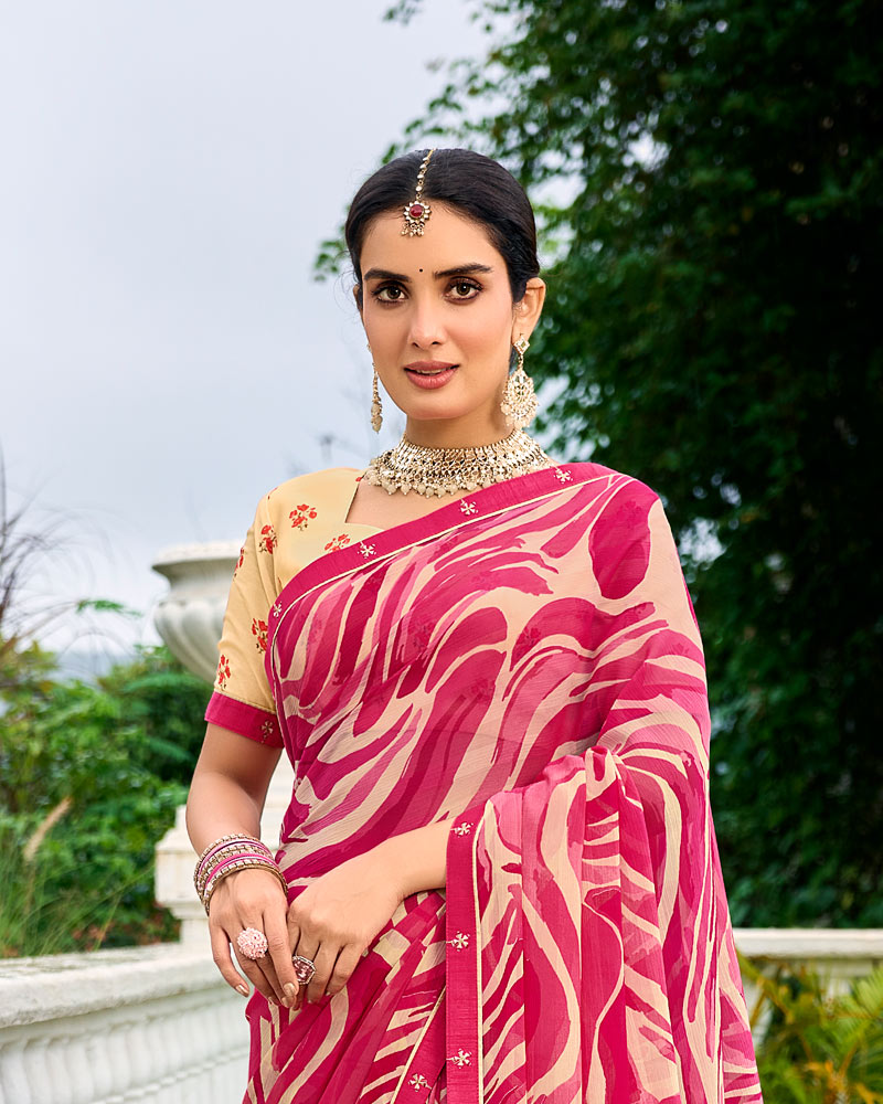 Vishal Prints Raspberry Pink Printed Chiffon Saree With Fancy Border
