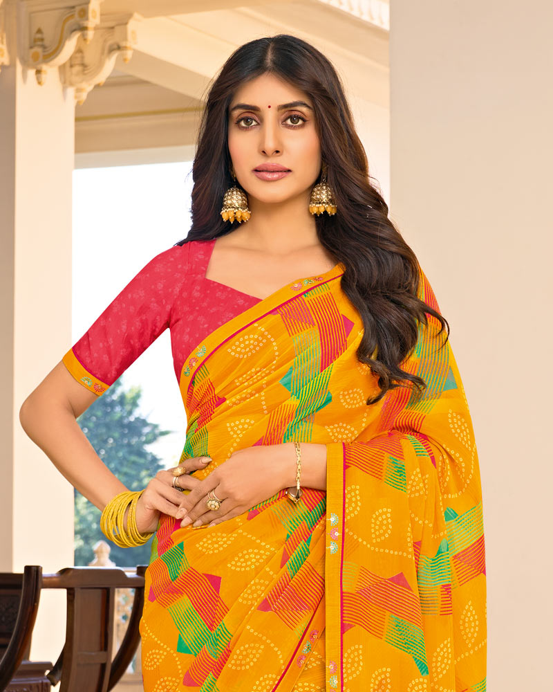 Vishal Prints Carrot Orange Printed Chiffon Saree With Fancy Border