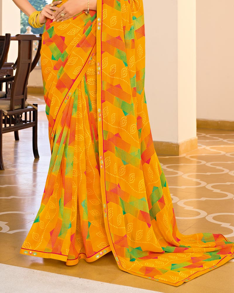 Vishal Prints Carrot Orange Printed Chiffon Saree With Fancy Border