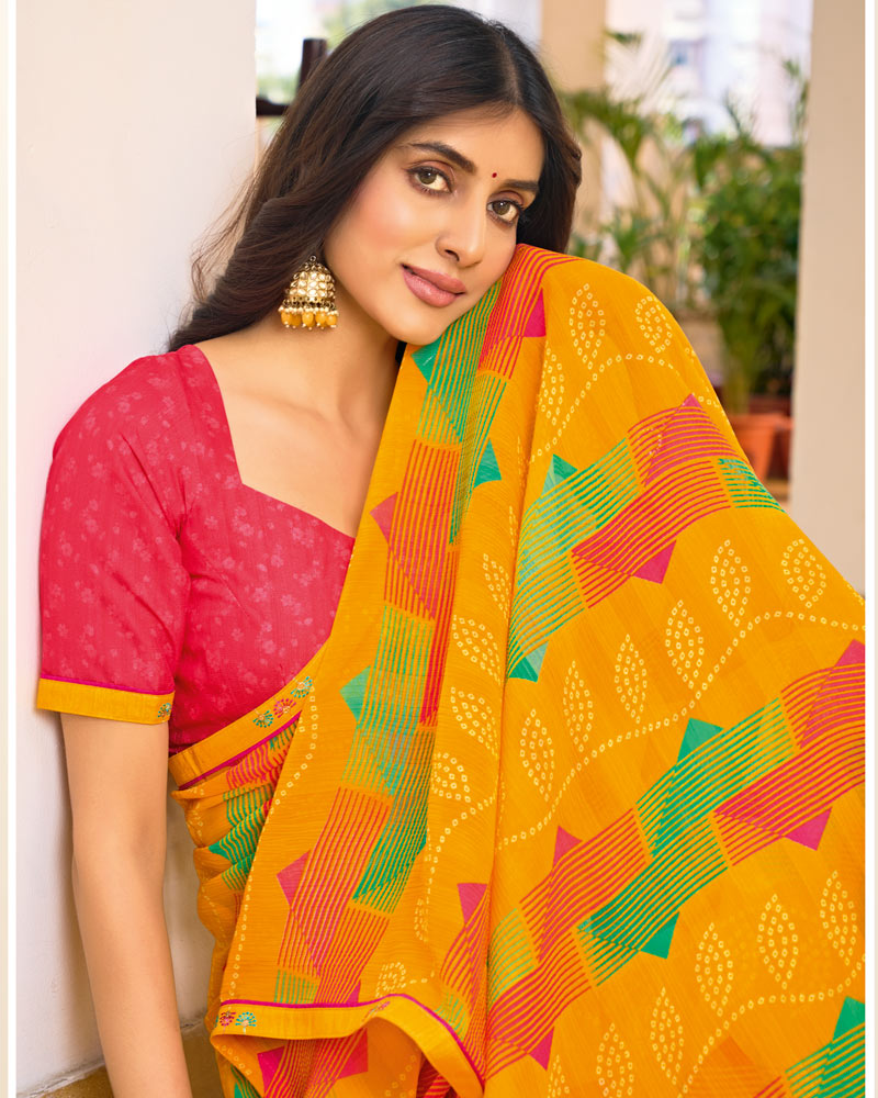 Vishal Prints Carrot Orange Printed Chiffon Saree With Fancy Border
