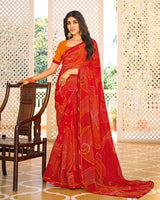 Vishal Prints Crimson Red Printed Chiffon Saree With Fancy Border
