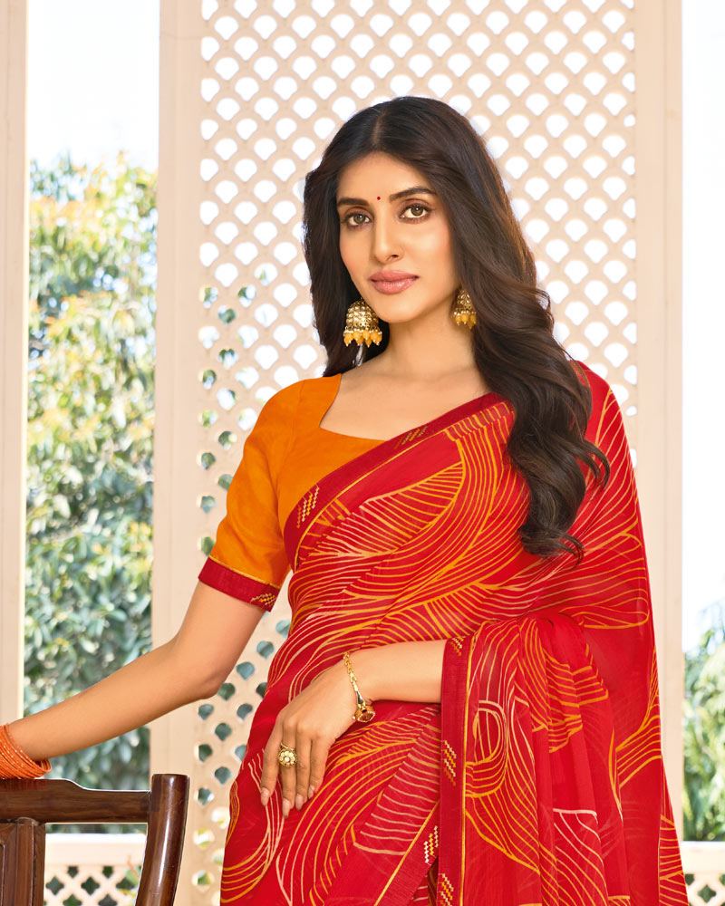 Vishal Prints Crimson Red Printed Chiffon Saree With Fancy Border