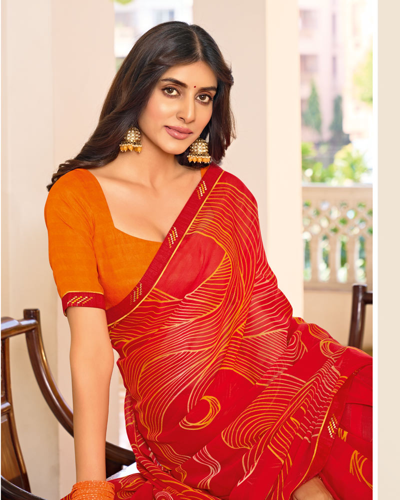 Vishal Prints Crimson Red Printed Chiffon Saree With Fancy Border